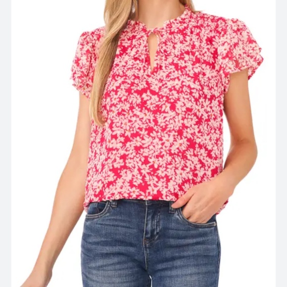 CeCe Red Floral Smocked Flutter Sleeve Blouse – Size XL - Picture 1 of 3